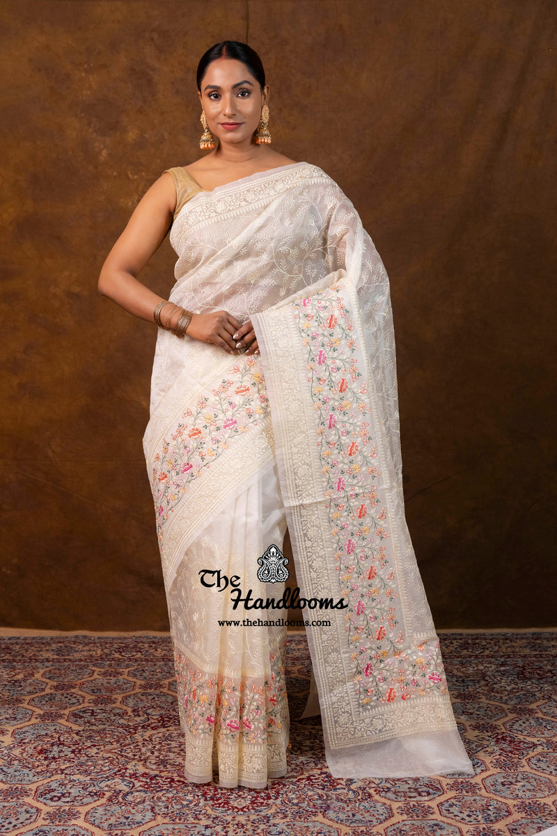 White Pure Organza Chikankari Handloom Banarasi Saree