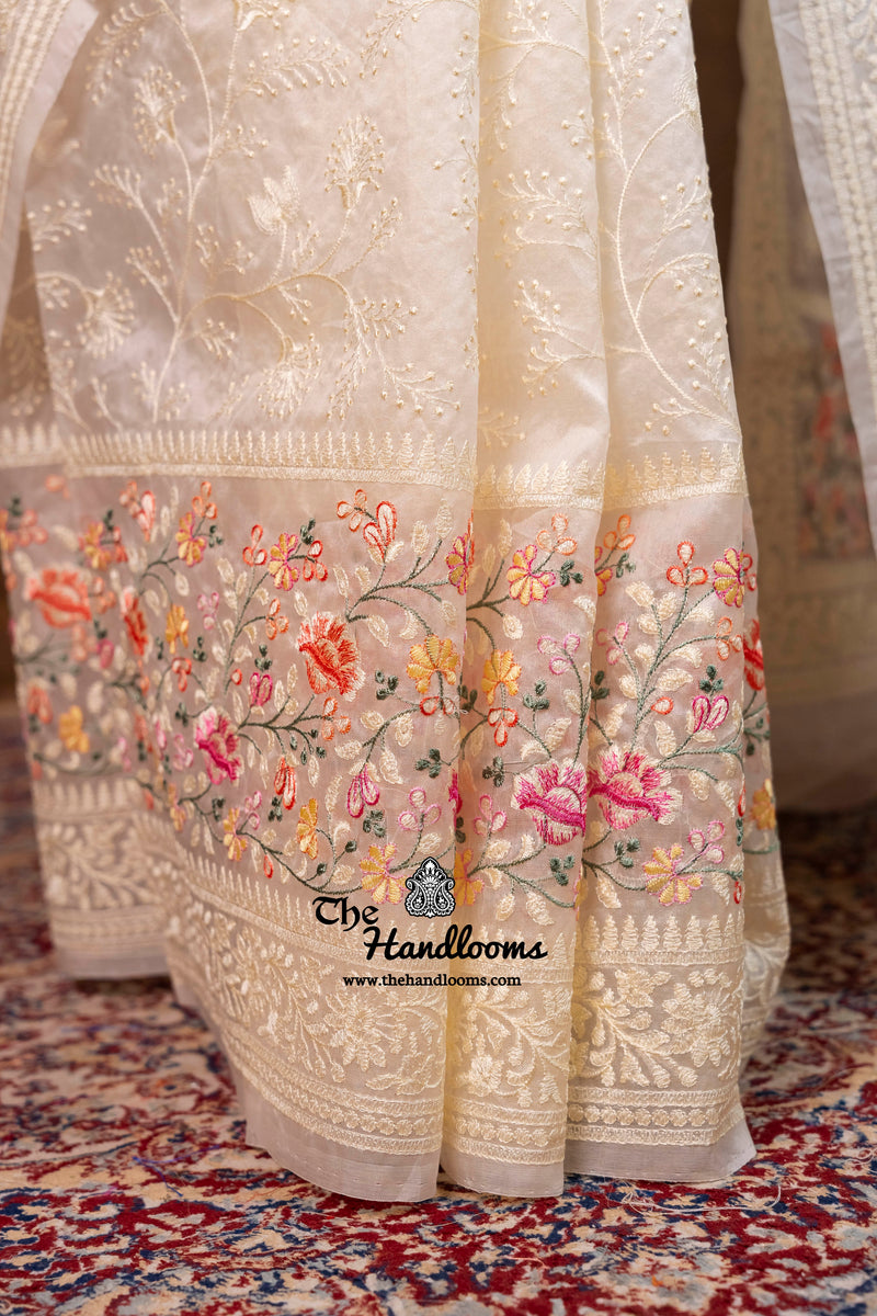 White Pure Organza Chikankari Handloom Banarasi Saree