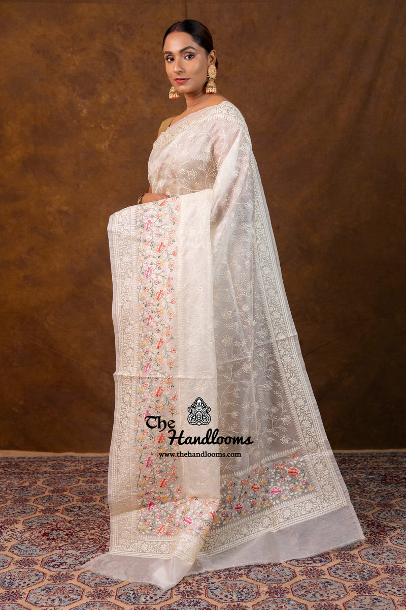 White Pure Organza Chikankari Handloom Banarasi Saree