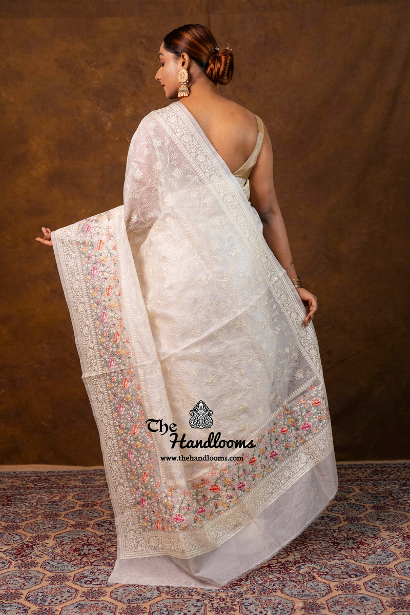 White Pure Organza Chikankari Handloom Banarasi Saree