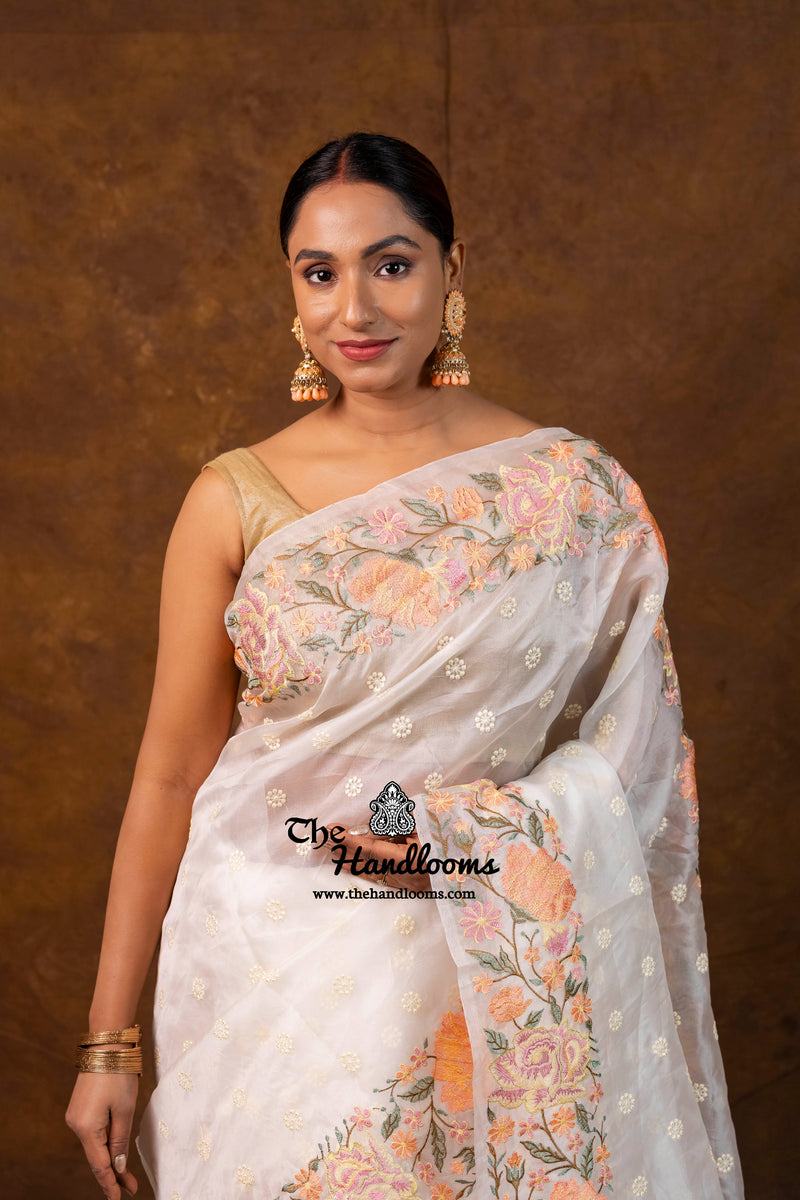 White Pure Organza Chikankari Handloom Banarasi Saree