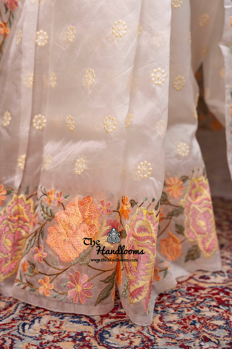 White Pure Organza Chikankari Handloom Banarasi Saree