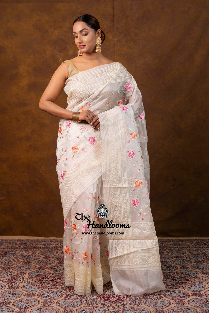 White Pure Organza Chikankari Handloom Banarasi Saree