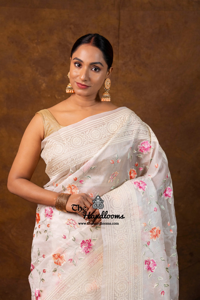 White Pure Organza Chikankari Handloom Banarasi Saree