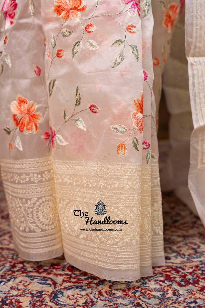 White Pure Organza Chikankari Handloom Banarasi Saree