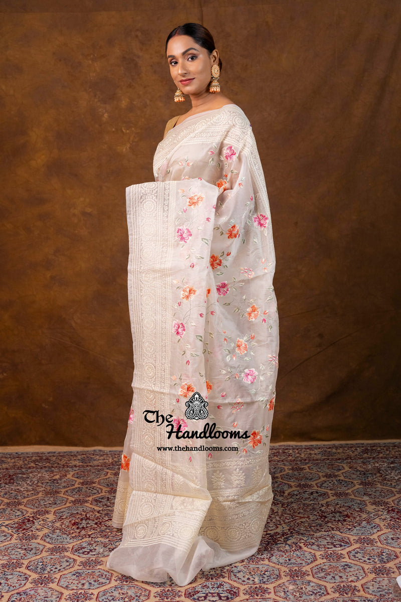 White Pure Organza Chikankari Handloom Banarasi Saree