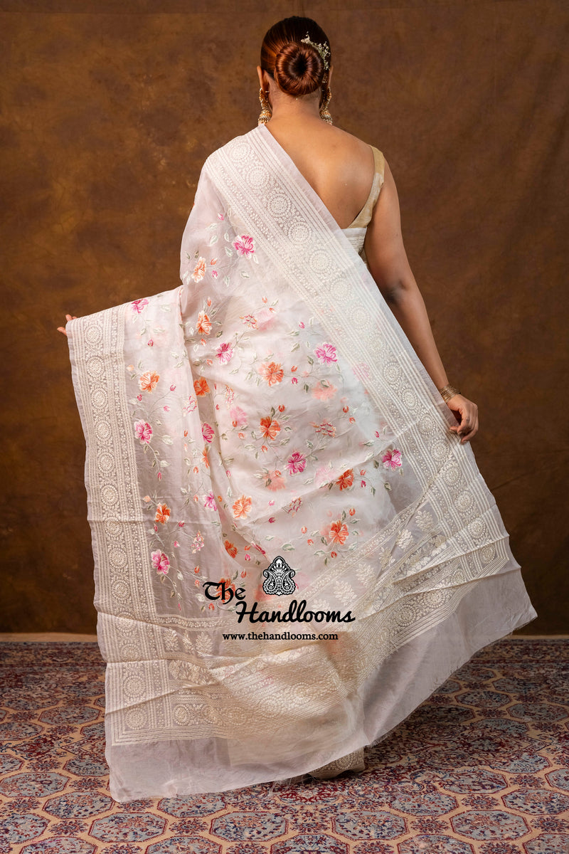 White Pure Organza Chikankari Handloom Banarasi Saree