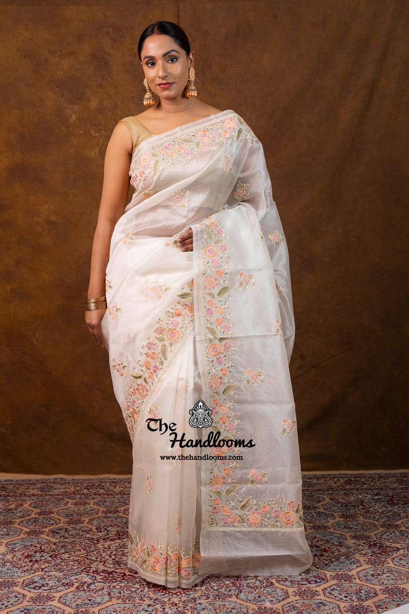 White Pure Organza Chikankari Handloom Banarasi Saree