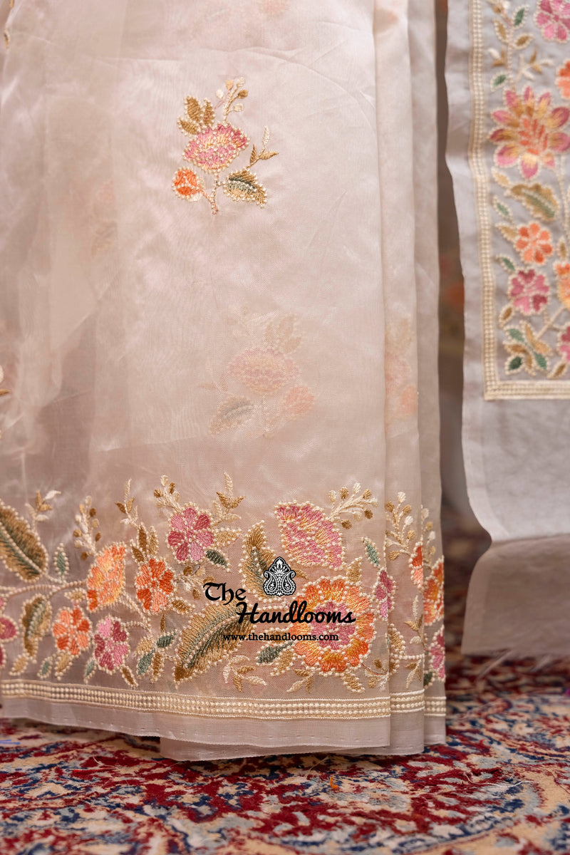 White Pure Organza Chikankari Handloom Banarasi Saree