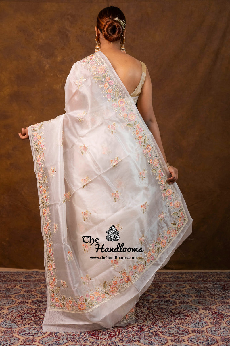 White Pure Organza Chikankari Handloom Banarasi Saree