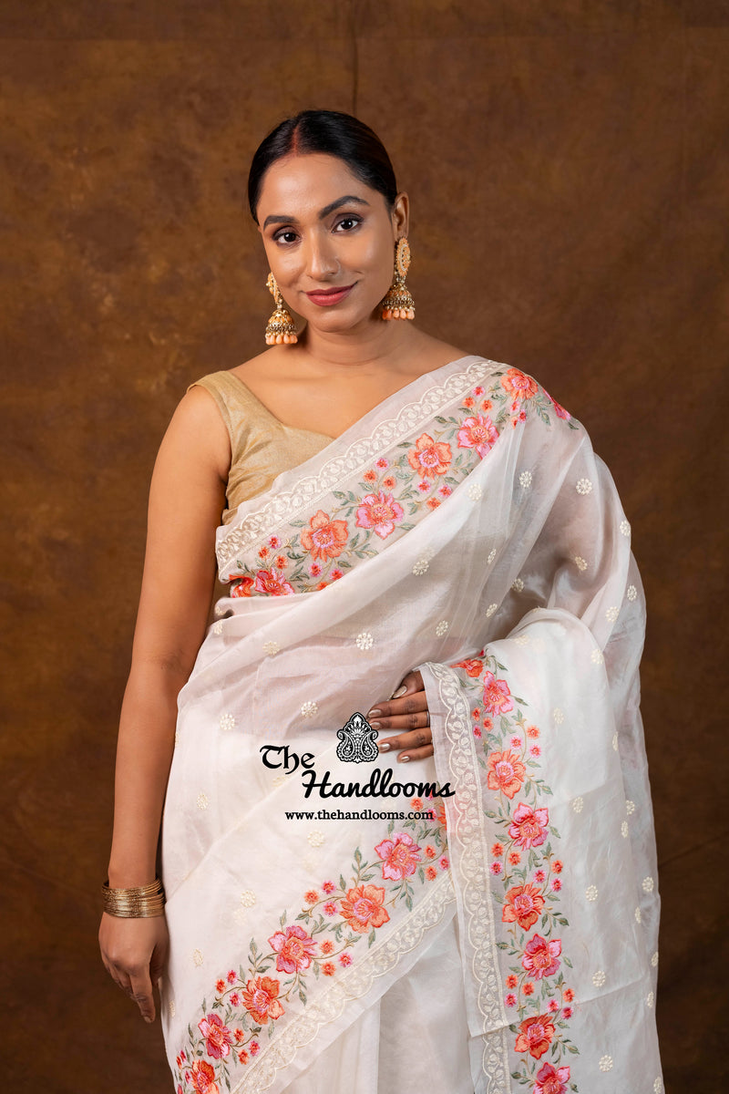 White Pure Organza Chikankari Handloom Banarasi Saree