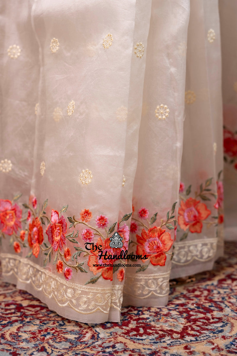 White Pure Organza Chikankari Handloom Banarasi Saree