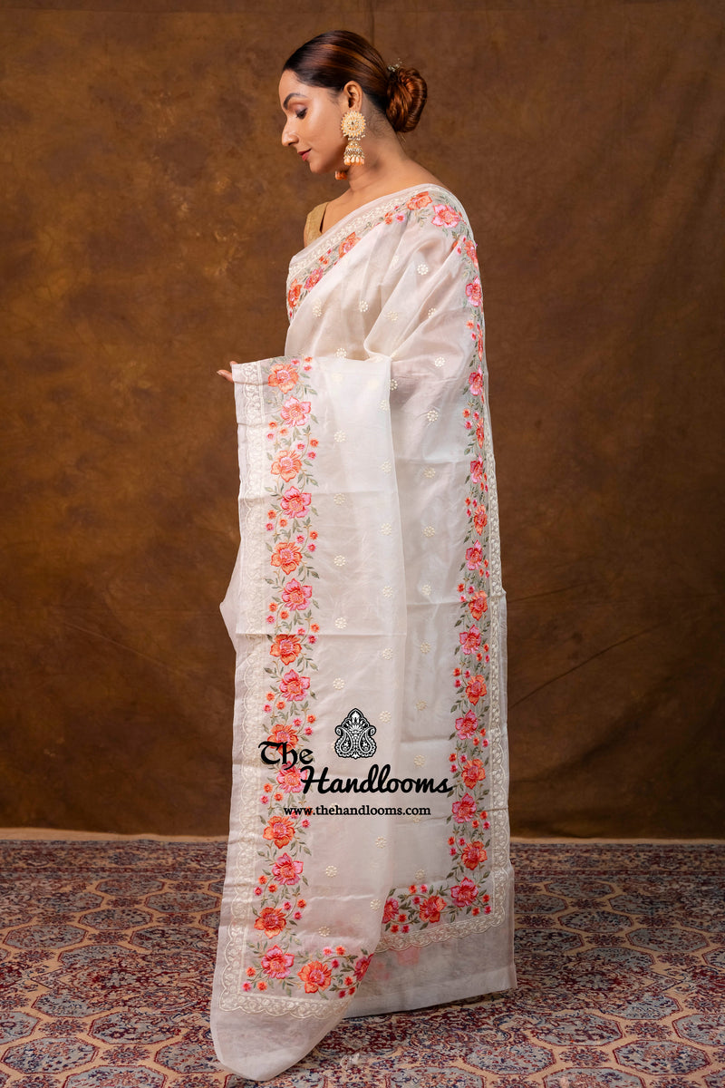 White Pure Organza Chikankari Handloom Banarasi Saree