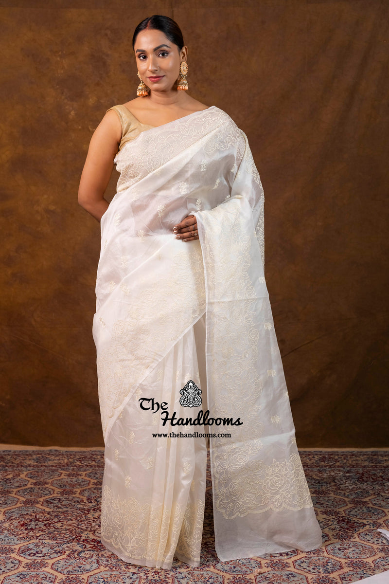White Pure Organza Chikankari Handloom Banarasi Saree