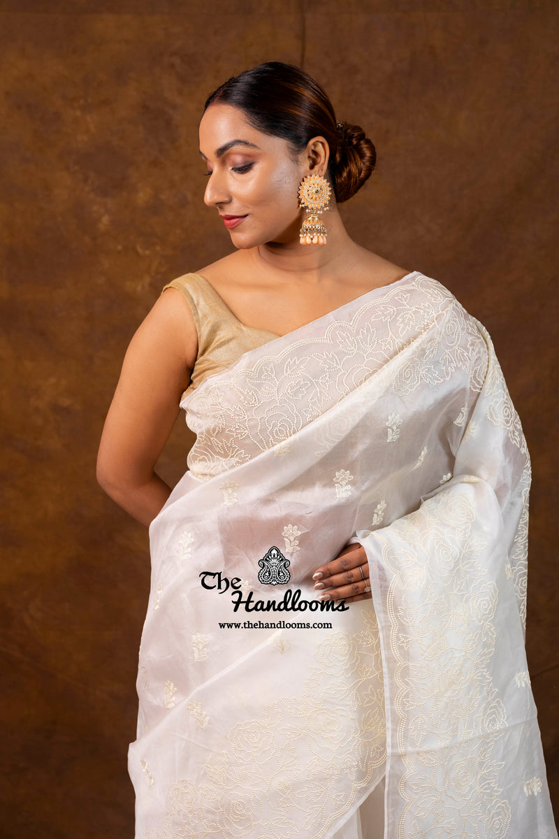 White Pure Organza Chikankari Handloom Banarasi Saree
