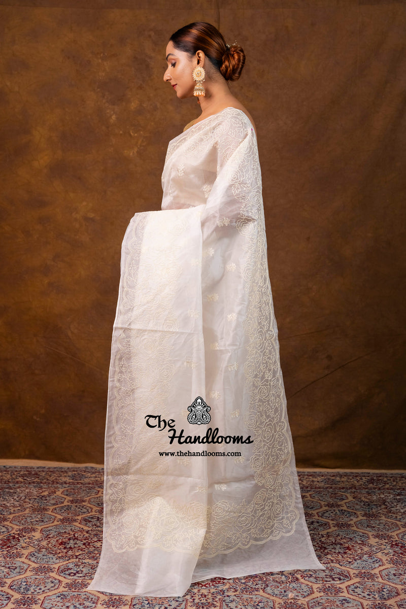 White Pure Organza Chikankari Handloom Banarasi Saree