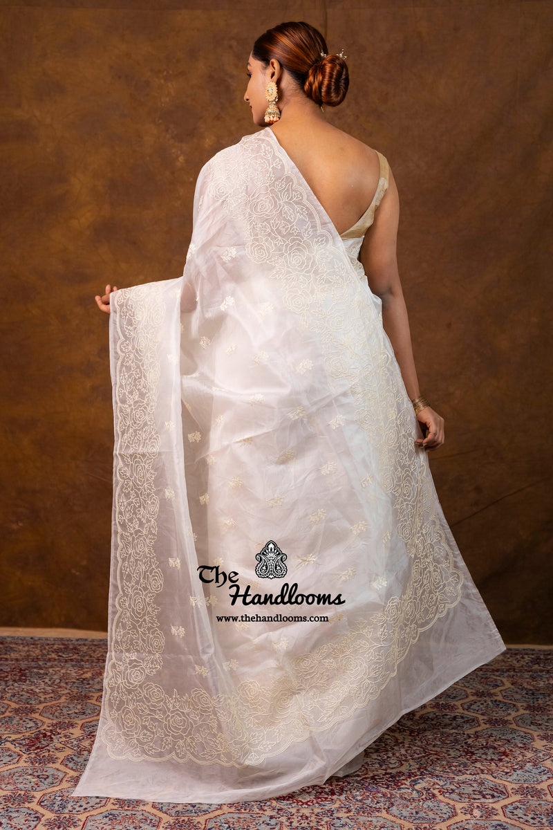 White Pure Organza Chikankari Handloom Banarasi Saree