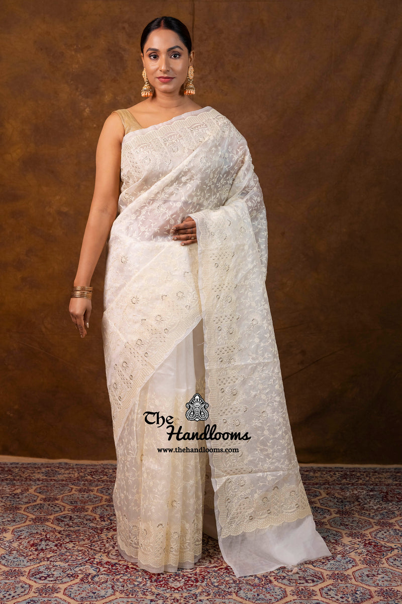 White Pure Organza Chikankari Handloom Banarasi Saree