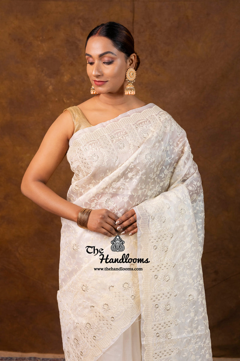 White Pure Organza Chikankari Handloom Banarasi Saree