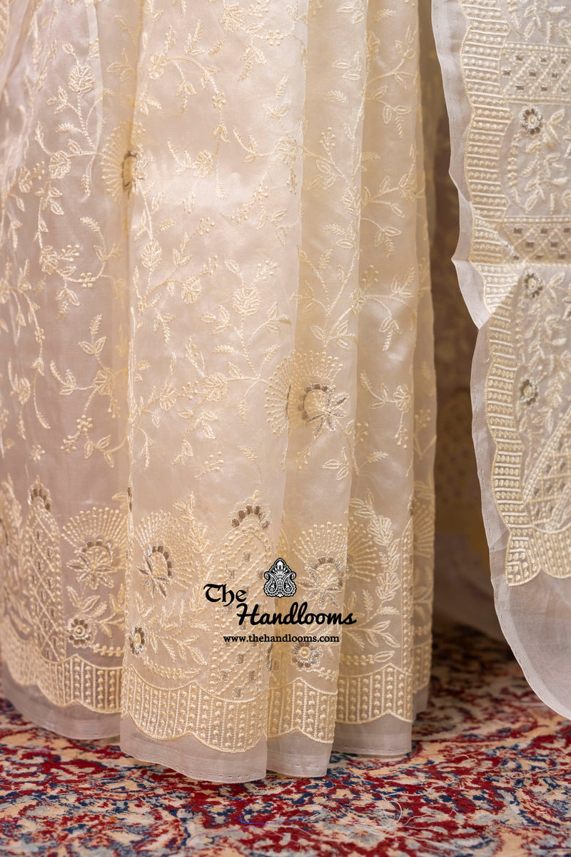 White Pure Organza Chikankari Handloom Banarasi Saree