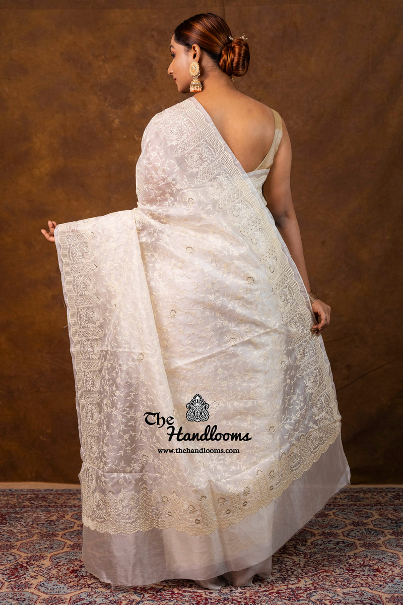 White Pure Organza Chikankari Handloom Banarasi Saree