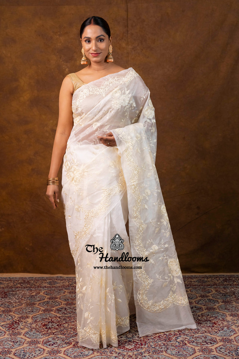 White Pure Organza Chikankari Handloom Banarasi Saree