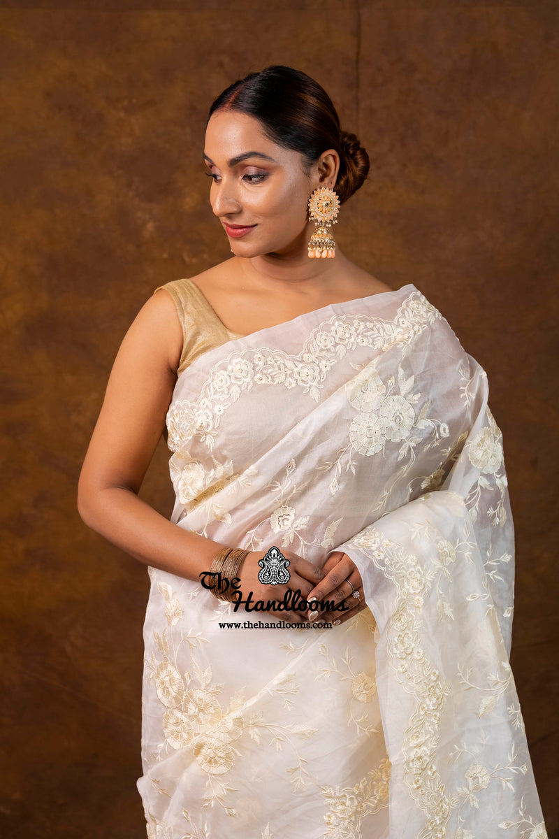 White Pure Organza Chikankari Handloom Banarasi Saree