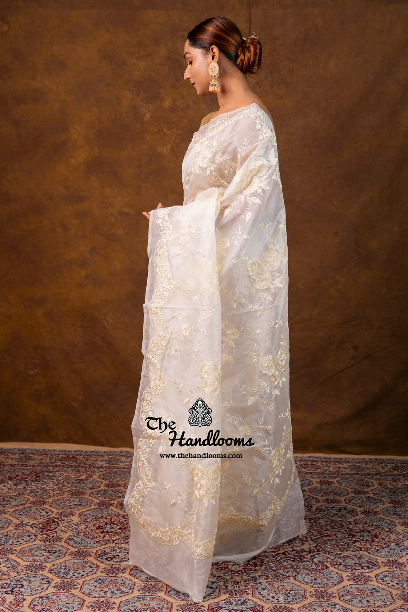 White Pure Organza Chikankari Handloom Banarasi Saree