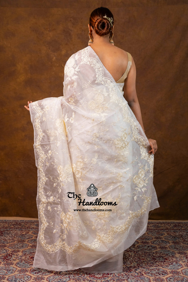 White Pure Organza Chikankari Handloom Banarasi Saree