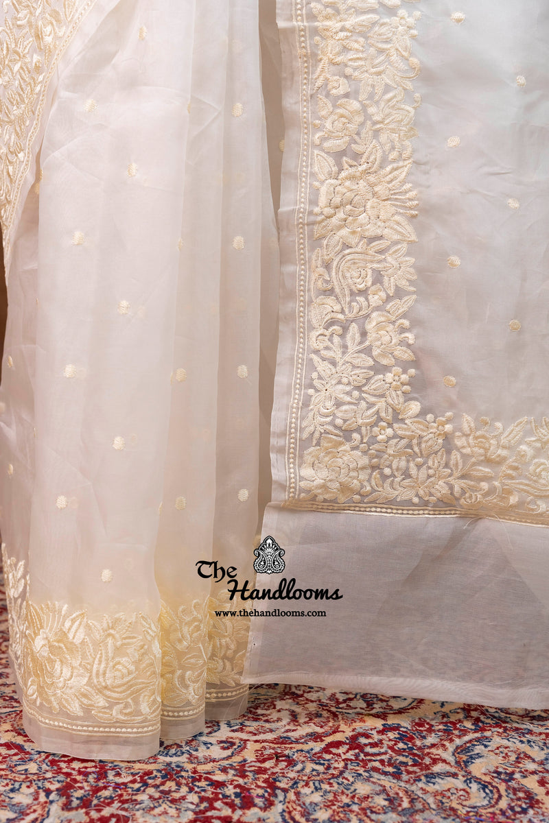 White Pure Organza Chikankari Handloom Banarasi Saree