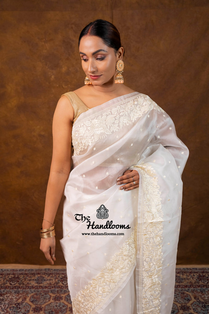 White Pure Organza Chikankari Handloom Banarasi Saree