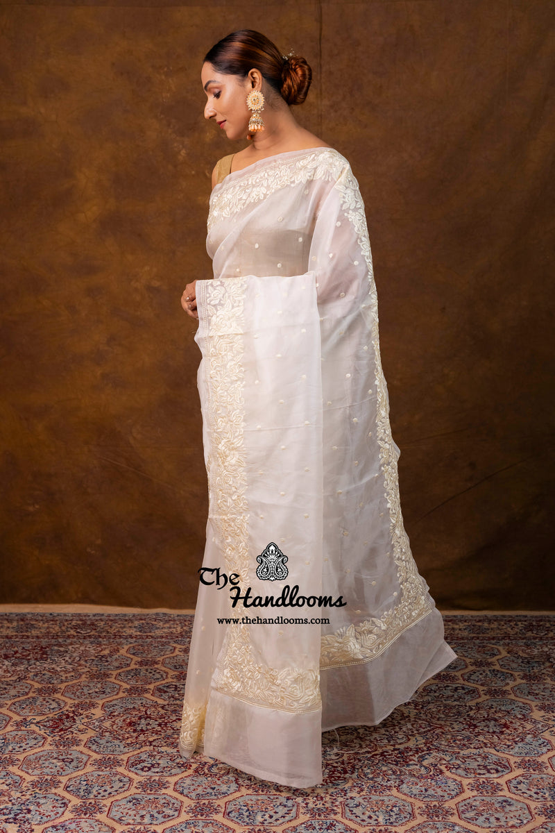 White Pure Organza Chikankari Handloom Banarasi Saree