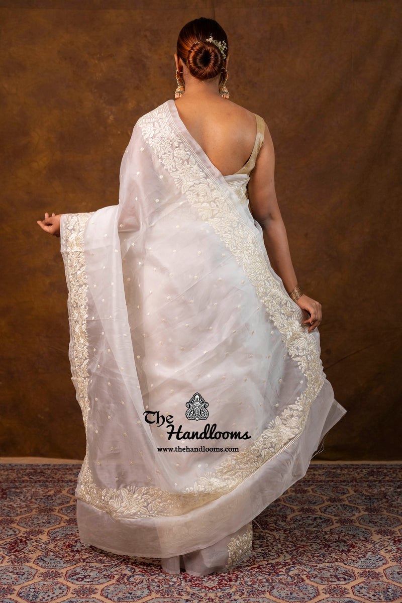 White Pure Organza Chikankari Handloom Banarasi Saree