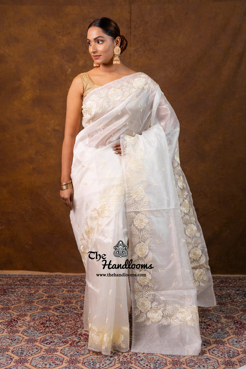 White Pure Organza Chikankari Handloom Banarasi Saree
