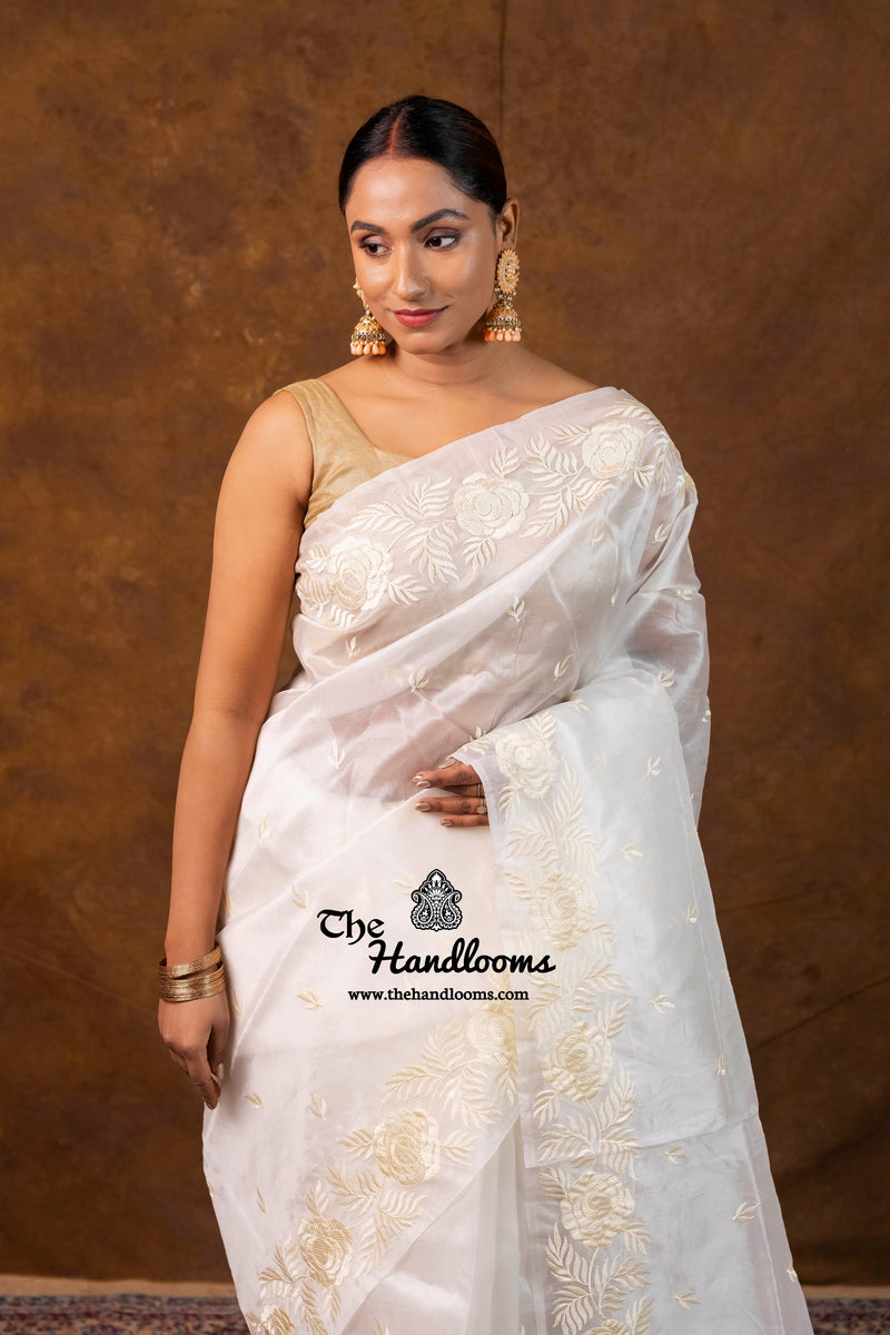 White Pure Organza Chikankari Handloom Banarasi Saree
