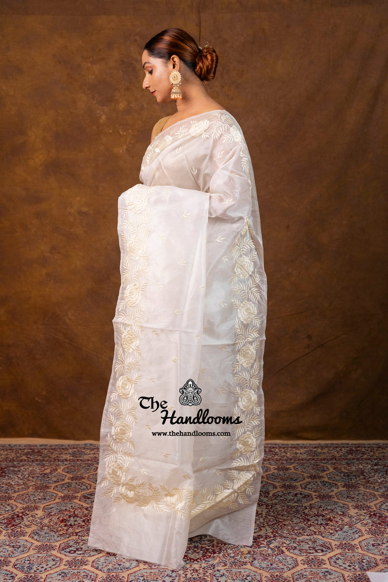 White Pure Organza Chikankari Handloom Banarasi Saree
