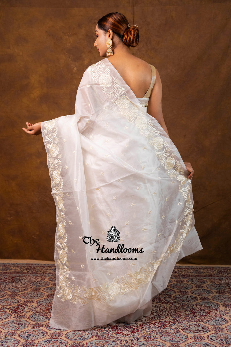 White Pure Organza Chikankari Handloom Banarasi Saree
