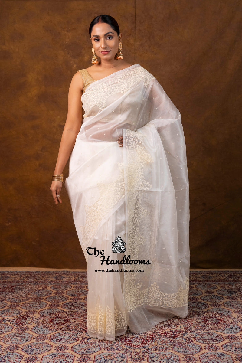 White Pure Organza Chikankari Handloom Banarasi Saree