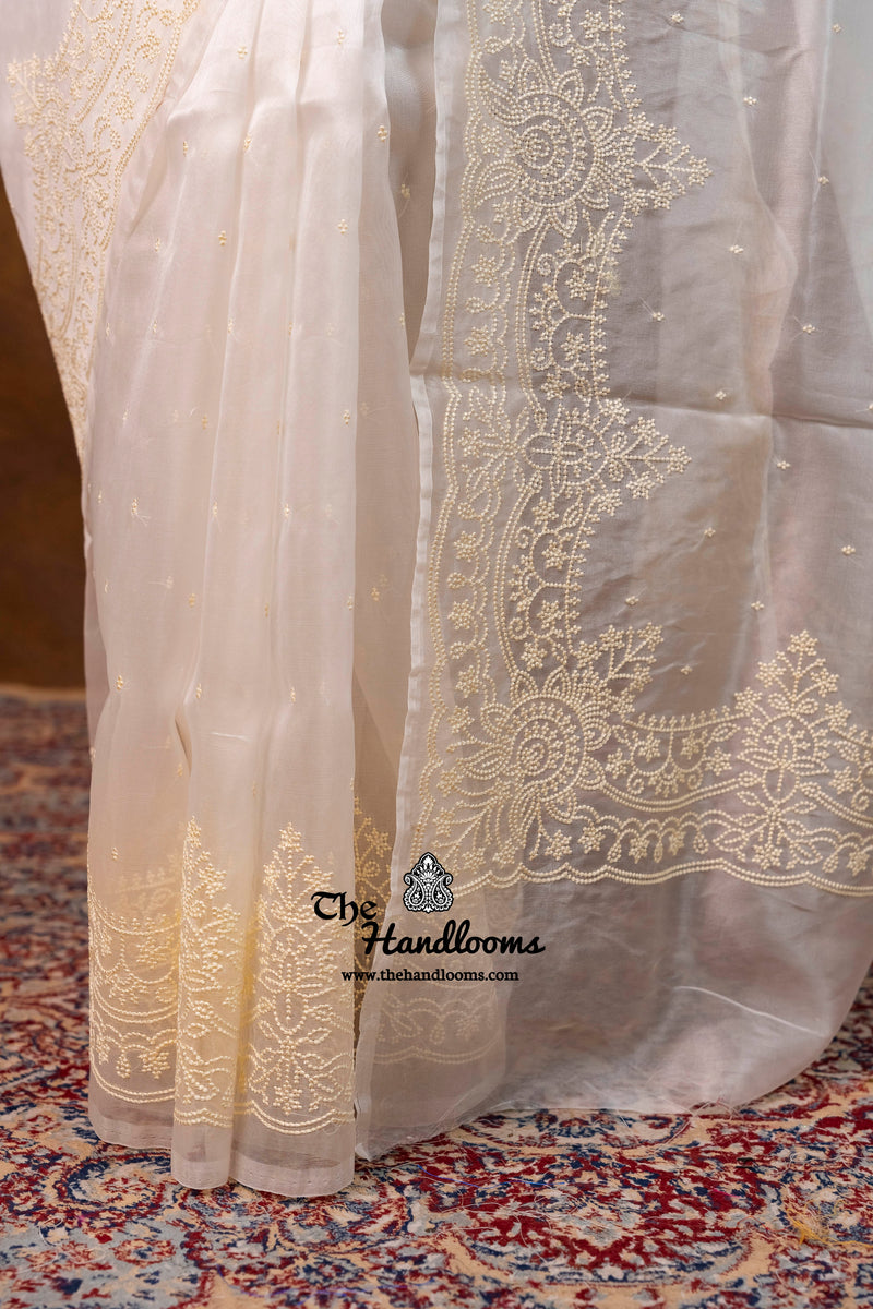 White Pure Organza Chikankari Handloom Banarasi Saree