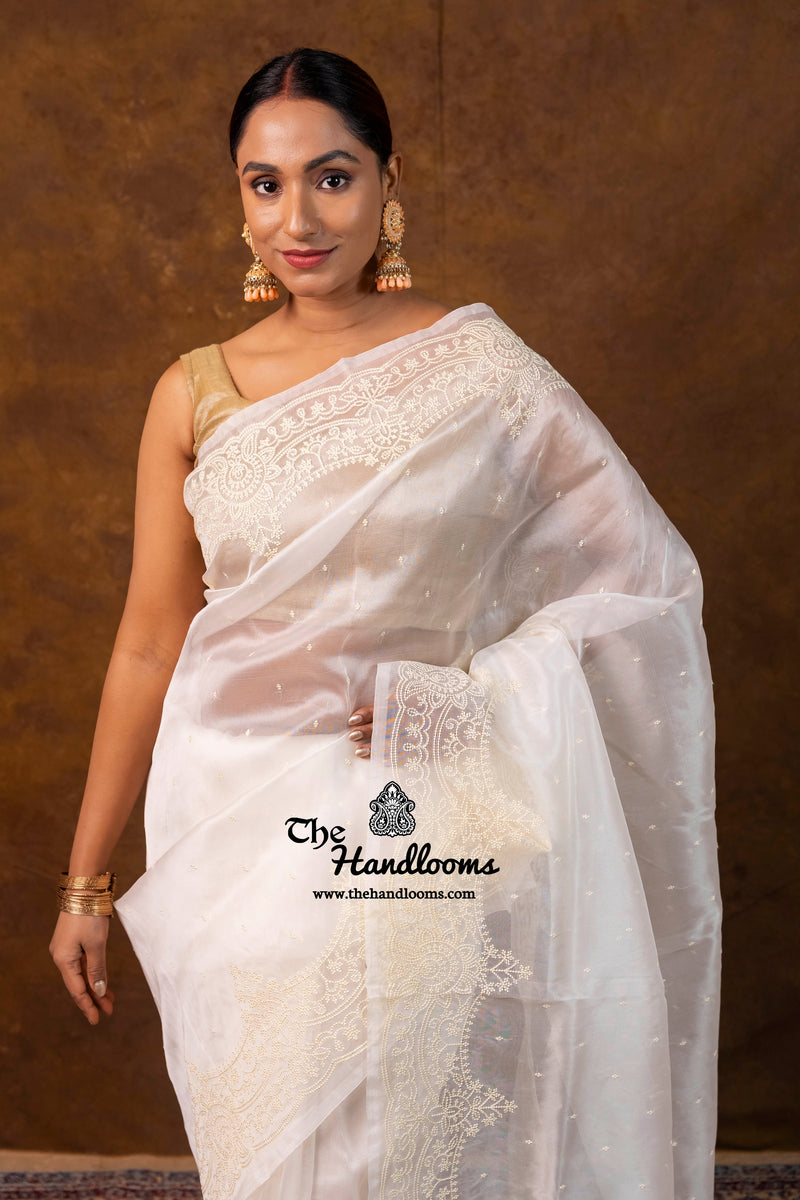 White Pure Organza Chikankari Handloom Banarasi Saree