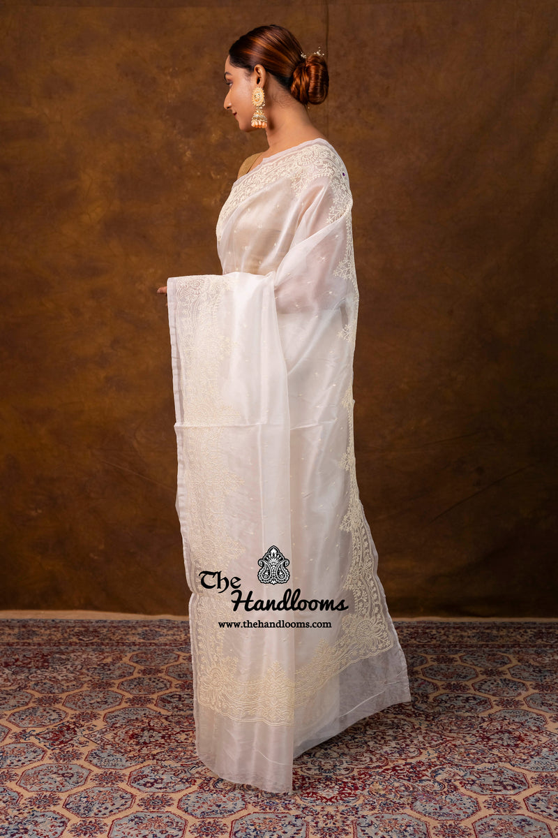 White Pure Organza Chikankari Handloom Banarasi Saree