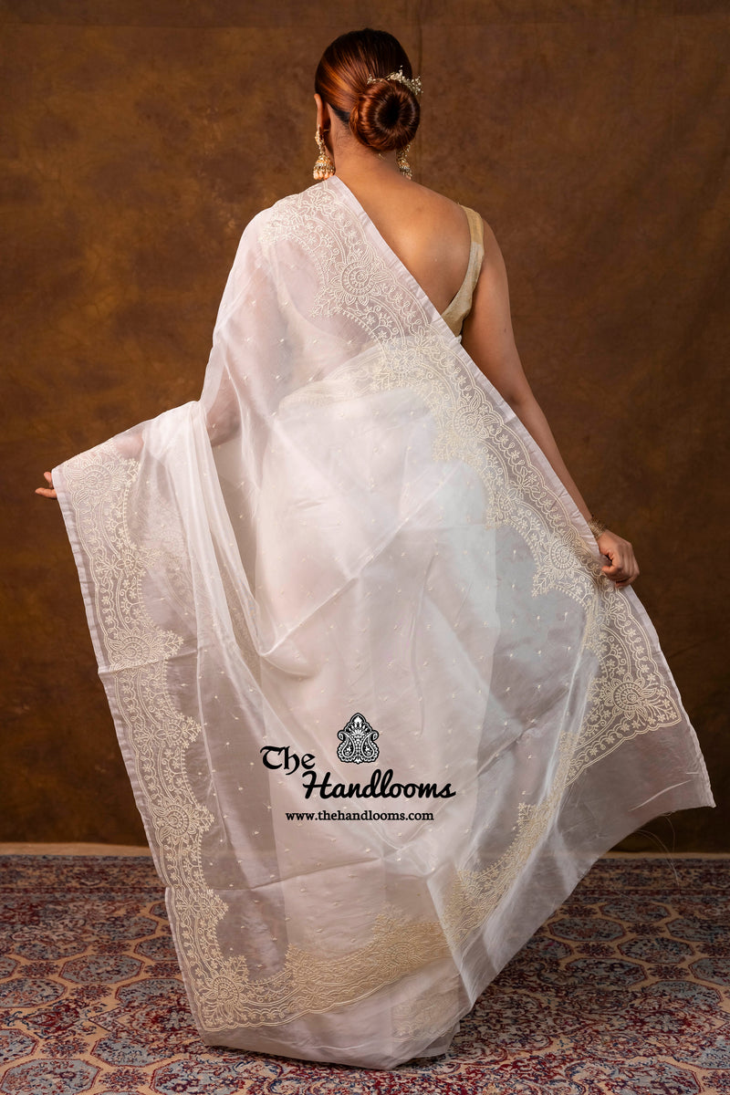 White Pure Organza Chikankari Handloom Banarasi Saree
