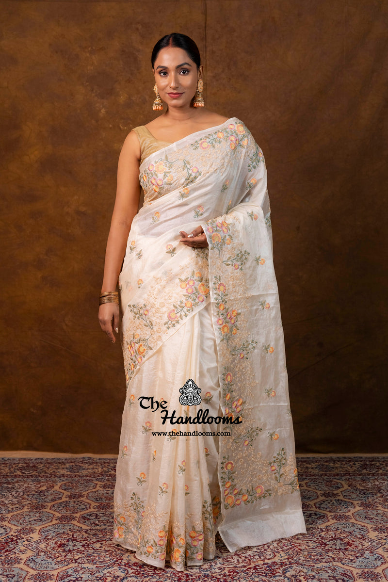 Tussar Silk Handloom Banarasi Saree With Chikankari