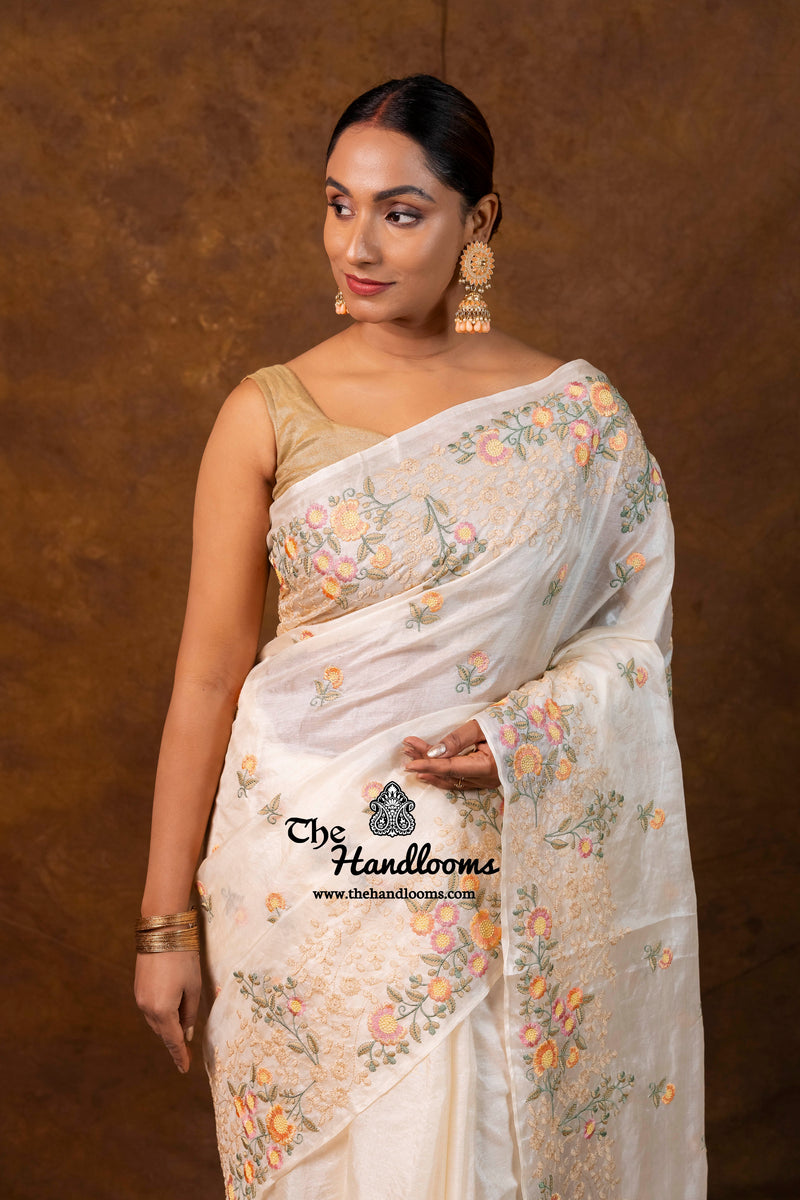 Tussar Silk Handloom Banarasi Saree With Chikankari