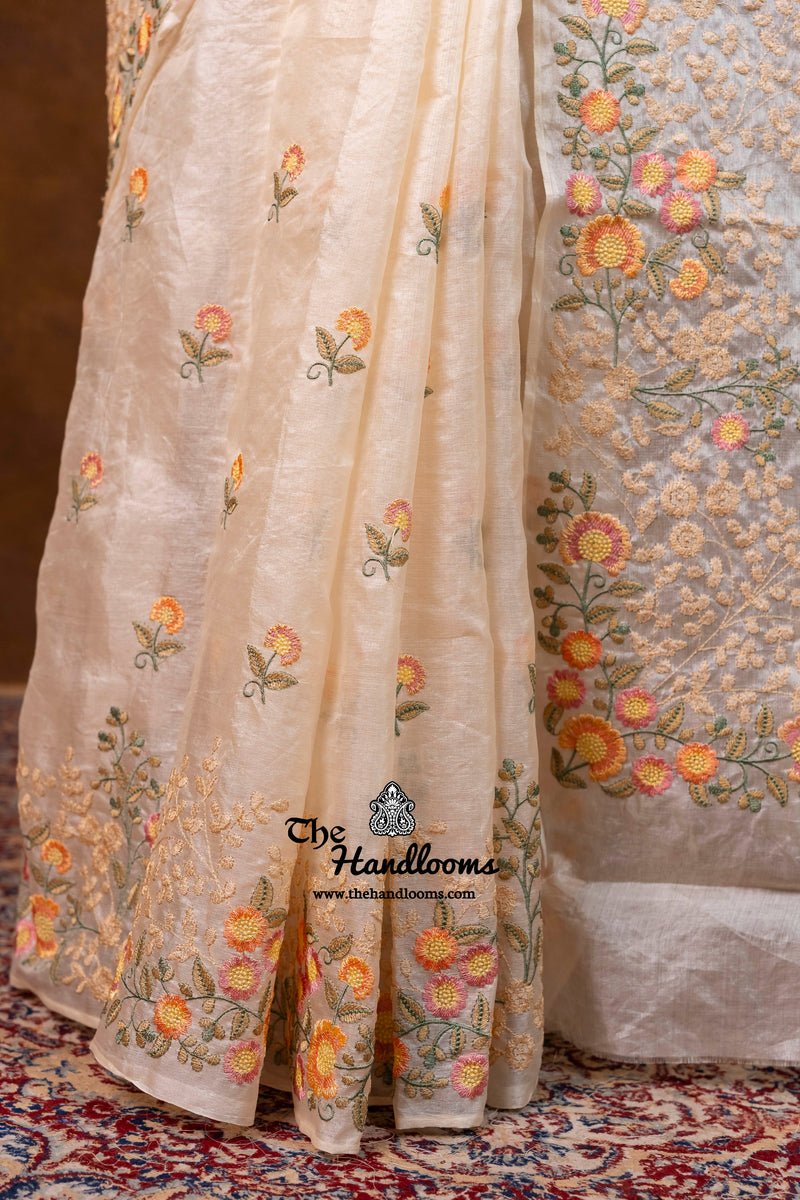 Tussar Silk Handloom Banarasi Saree With Chikankari