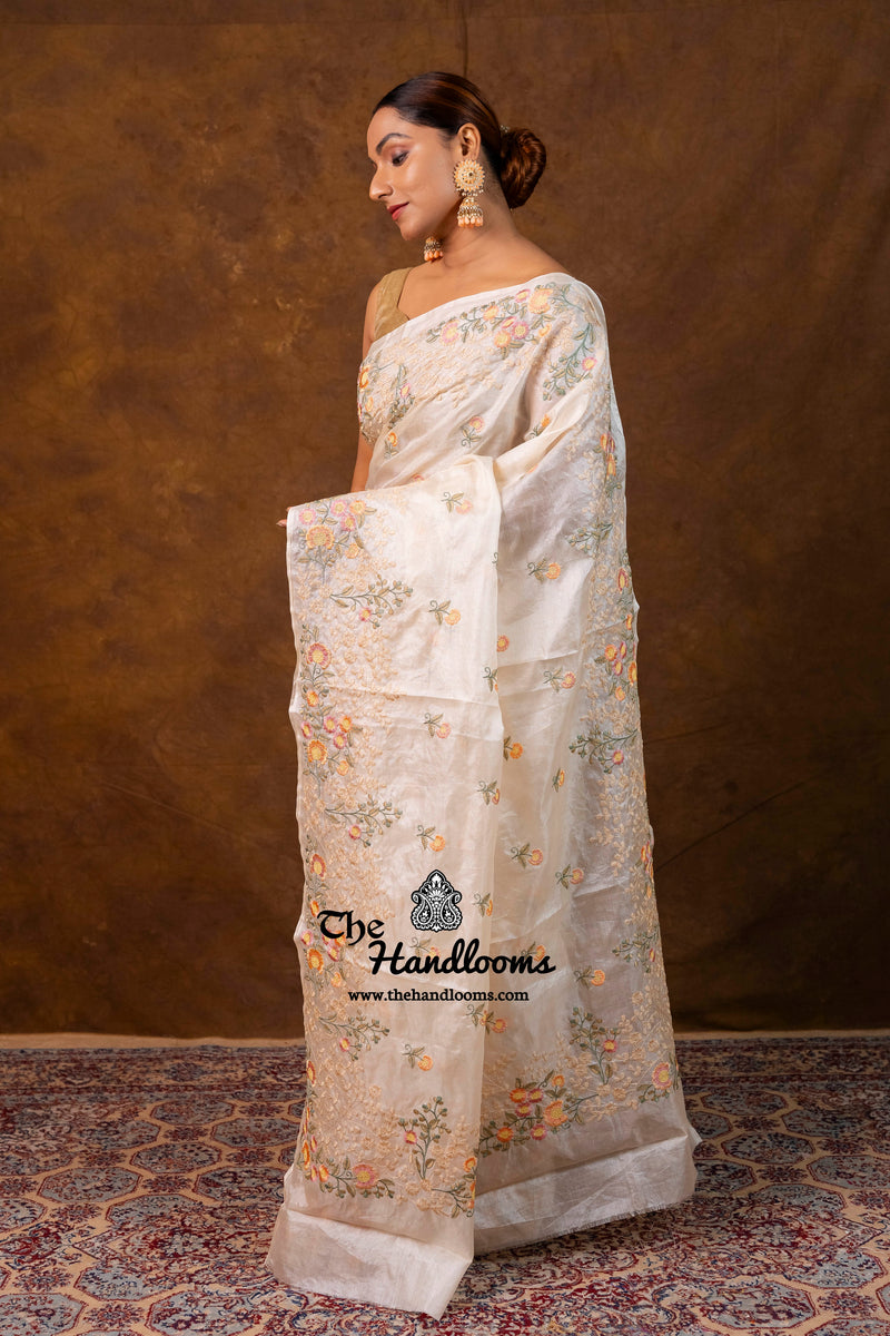 Tussar Silk Handloom Banarasi Saree With Chikankari