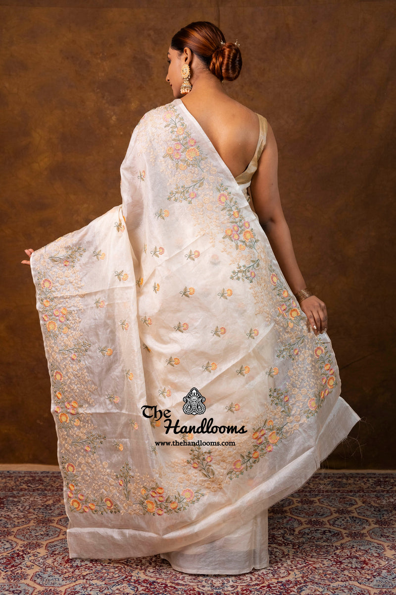 Tussar Silk Handloom Banarasi Saree With Chikankari