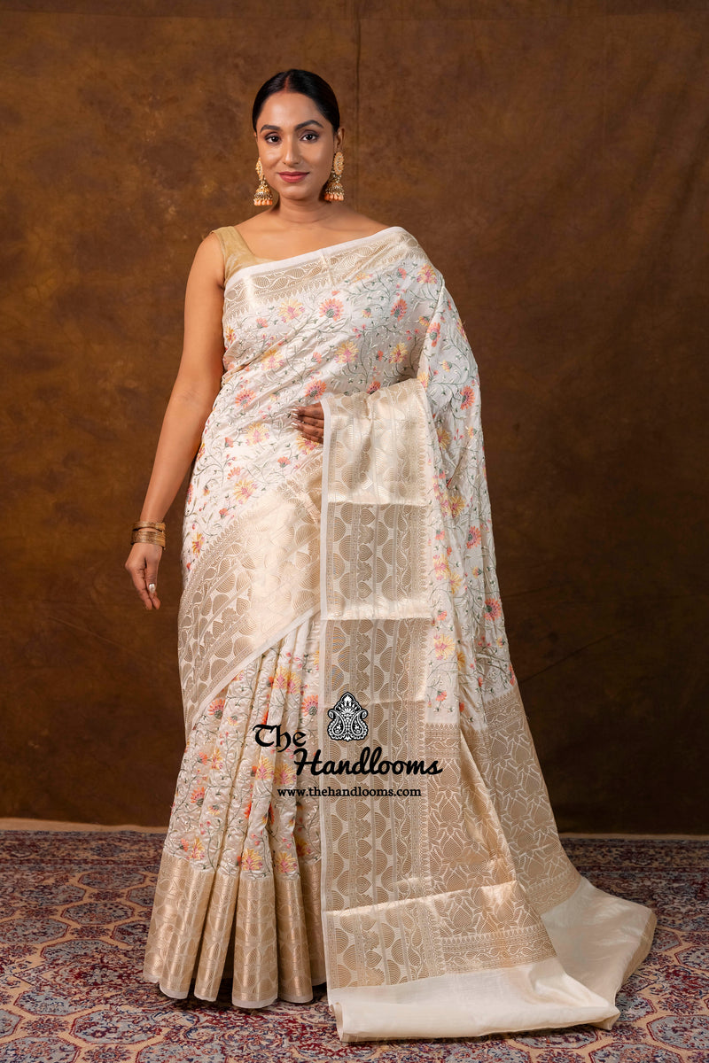 Pure Chiniya Silk Handloom Banarasi Saree with Chikankari