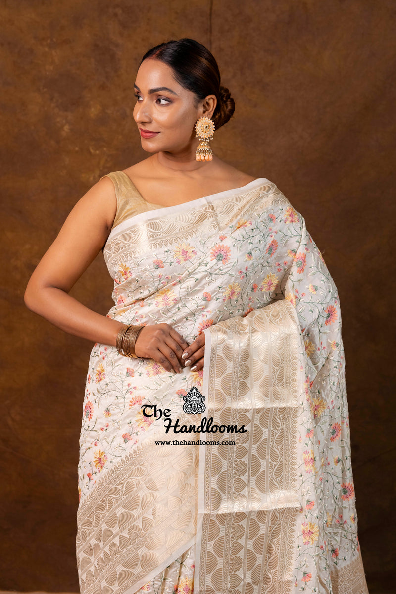 Pure Chiniya Silk Handloom Banarasi Saree with Chikankari