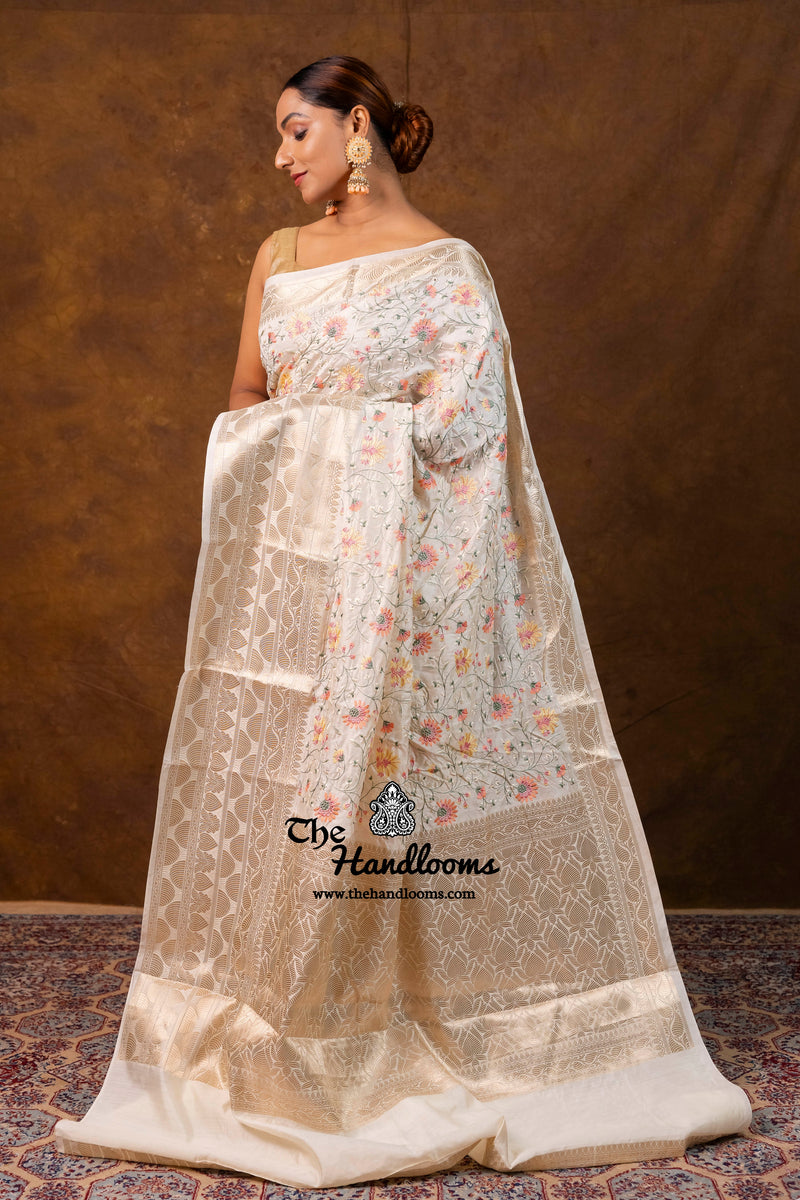 Pure Chiniya Silk Handloom Banarasi Saree with Chikankari